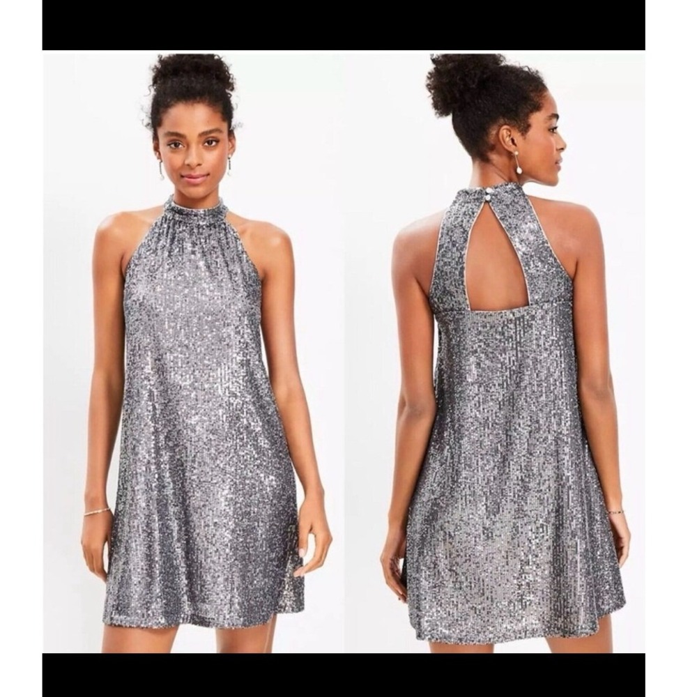 LOFT Petites Silver Sequin Halter Shift Dress Size Medium Petite